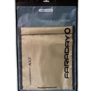 May include: A beige Faraday cage bag with black trim and the text "FARADAY NX3" and "FARADAY DEFENSE" printed on it. The bag is in a clear plastic bag with the text "PROTECT YOUR DATA BLOCK SIGNAL" printed on it.