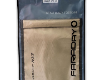 May include: A beige Faraday cage bag with black trim and the text "FARADAY NX3" and "FARADAY DEFENSE" printed on it. The bag is in a clear plastic bag with the text "PROTECT YOUR DATA BLOCK SIGNAL" printed on it.