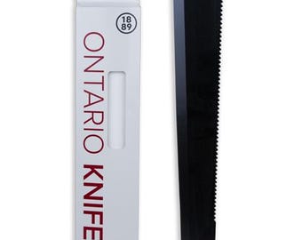 May include: A black 18-inch machete with a serrated edge and a wooden handle. The machete is displayed with its packaging, which features the text "ONTARIO KNIFE CO." and "MADE IN USA."