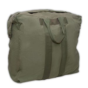 May include: A large, olive green canvas duffel bag with two thick straps and a top handle. The bag is made of durable material and has a spacious interior.