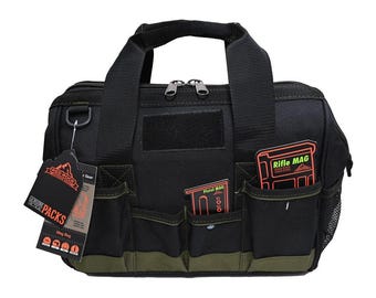 May include: Black and olive green tactical mag bag with multiple pockets and a top handle. The bag has a hook for attaching accessories and a velcro patch. Includes tags that read "Red Rock Packs" and "Genuine Tactical Gear".