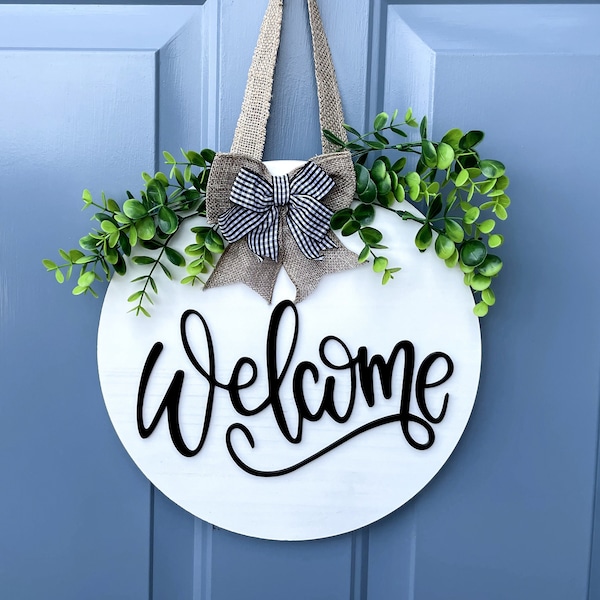 House warming Gift- Front door signs- Welcome sign for front door- White welcome sign- 12x12 size- porch decor- Wooden door hanger