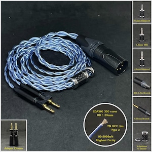 Cable for Abyss Diana Silver Plated Copper 7NOCC 20AWG  —Custom Length — Custom connectors 2.5mm/4.4mm/3.5mm/6.3mm and 4-Pin XLR Balanced