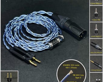 Cable for Abyss Diana Silver Plated Copper 7NOCC 20AWG  —Custom Length — Custom connectors 2.5mm/4.4mm/3.5mm/6.3mm and 4-Pin XLR Balanced