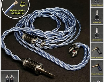 Cable for IEMs Monitor MMCX Connector - Silver Plated Copper 7N OCC 20AWG - Custom Length - Custom Terminal Jack Balanced 4.4mm/2.5mm/3.5mm