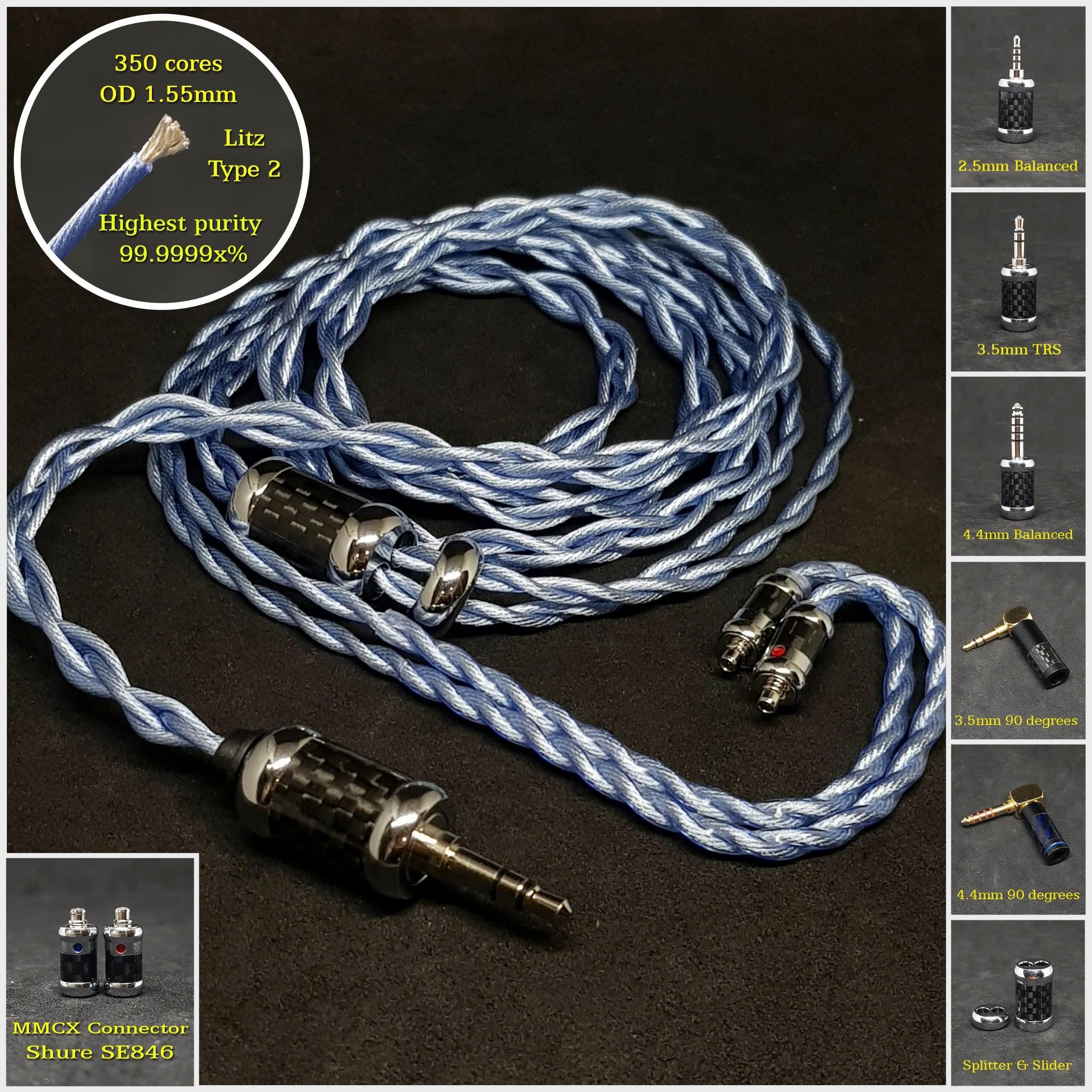 Kabel voor IEM-monitor MMCX-connector - verzilverd koper 7N OCC 20AWG - aangepaste lengte - aangepaste aansluitbus gebalanceerd 4,4 mm/2,5 mm/3,5 mm
