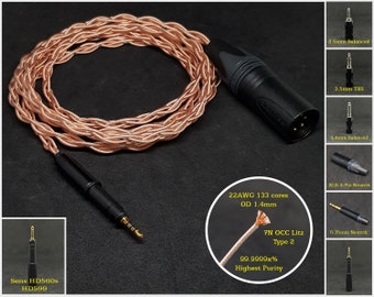 Cable for Sennheiser HD560s/HD599 - 22AWG 7NOCC Litz Copper - Custom Length - Custom Jack 2.5mm/3.5mm/4.4mm/6.3mm and 4-Pin XLR Balanced