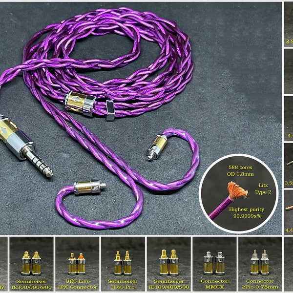 Custom cable for IEMs Violet 7NOCC 19AWG Copper - Connector 2Pin 0.78/MMCX/UE6 PRO/Sens IE40/IE100/IE300/600/900/ATH-E40/IM50/IM70 and more