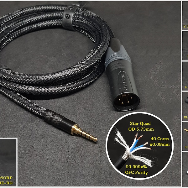 Câble pour Fostex T60RP/HifiMan DEVA/HE-R9 - Connecteur TRRS 3,5 mm - Longueur personnalisée - Jack 2,5 mm/3,5 mm/4,4 mm/6,3 mm et XLR symétrique 4 broches
