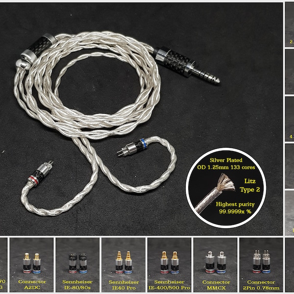 Custom Kabel für Inear Monitor-Versilberte Kupfer-Stecker 2Pin 0.78mm/MMCX/Sens IE80/IE40Pro/IE100/IE300/ATH-E40/E50/IM50/IM70 und mehr