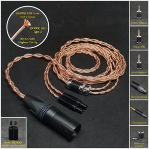 Può includere: Un primo piano di un cavo audio color rame con un connettore nero. Il cavo è di calibro 22AWG con 160 conduttori e un diametro esterno di 1,4 mm. Il cavo è in rame 7N OCC Litz Tipo 2 con una purezza del 99,9999%. Il connettore è un connettore XLR a 4 pin Neutrik. Il cavo è anche compatibile con connettori bilanciati da 2,5 mm, TRS da 3,5 mm, bilanciati da 4,4 mm e Neutrik da 6,35 mm. Il cavo è compatibile con le cuffie Sony HD8XX, HD800s e HD820.