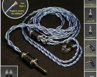 Cable for IEMs Monitor 2pin 0.78mm Silver Plated Copper 7N OCC Litz 20AWG - Custom Length - Custom Terminal Jack Balanced 4.4mm/2.5mm/3.5mm