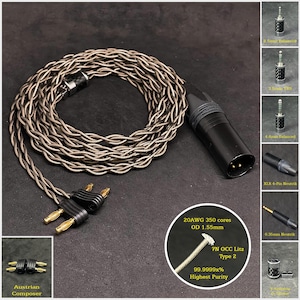 Cable for Austrian Composer Silver Plated 7NOCC 20AWG Gray-Custom Length- Custom connectors 2.5mm/4.4mm/3.5mm/6.3mm and 4-Pin XLR Balanced