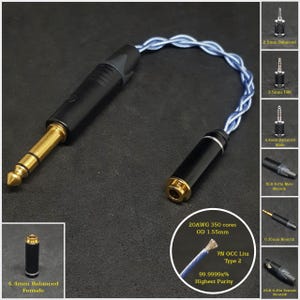 Câble adaptateur symétrique 4,4 mm - Convertible en câble asymétrique 3,5 mm/6,35 mm (1/4") - XLR 4 broches/2,5 mm symétrique - Cuivre plaqué argent 20 AWG 7 N OCC