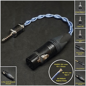 4-Pin XLR Adapter Cable - Convert to 3.5mm/6.35mm(1/4") Single Ended - Convert to 2.5mm/4.4mm Balanced - 20AWG Silver Plated Copper 7N OCC