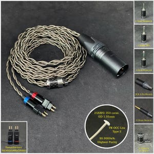 Cabo para Sens HD6XX/600/650/660s 7NOCC Cinza Prateado — Comprimento Personalizado — Conectores Personalizados 2,5 mm/4,4 mm/3,5 mm/6,3 mm e XLR Balanceado de 4 Pinos