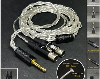 Cable for Audeze LCD2/3/4/X/XC-22AWG 7NOCC Silver Plated Copper - Custom Length - Custom Jack 2.5mm/3.5mm/4.4mm/6.3mm and 4-Pin XLR Balanced