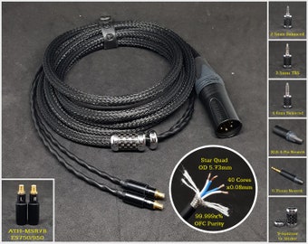 Cable for ATH-MSR7B/SR9/ES750/ES950/ES770H - Custom Length - Custom connectors 2.5mm/3.5mm/4.4mm/6.3mm and 4-Pin XLR Balanced