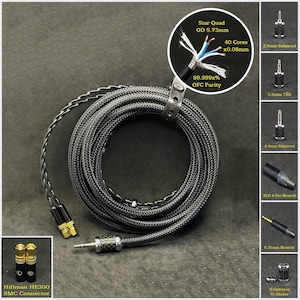 Cable for Legacy Hifiman HE500/HE400/HE6/HE4/HE560- Dual SMC Connectors - Custom Length, Jack 2.5mm/3.5mm/4.4mm/6.3mm and 4-Pin XLR Balanced