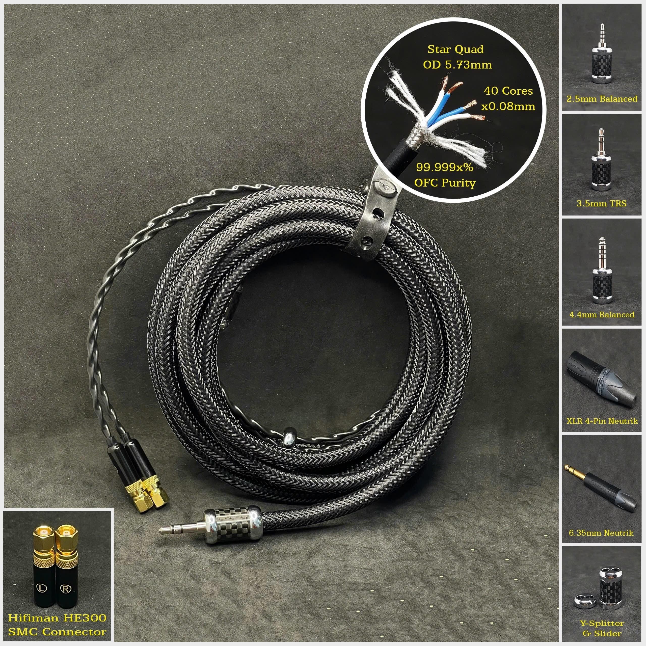 Cable for Legacy Hifiman HE500/HE400/HE6/HE4/HE560- Dual SMC Connectors - Custom Length, Jack 2.5mm/3.5mm/4.4mm/6.3mm and 4-Pin XLR Balanced