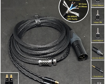 Cabo para ATH-MSR7B/SR9/ES750/ES950/ES770H - Comprimento personalizado - Conectores personalizados 2,5 mm/3,5 mm/4,4 mm/6,3 mm e XLR balanceado de 4 pinos