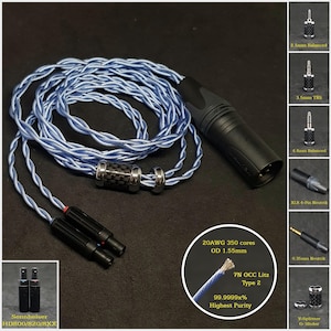 Może przedstawiać: Niebieski pleciony kabel z czarnym złączem i suwakiem z włókna węglowego. Kabel jest oznaczony tekstem "20AWG 350 cores OD 1.55mm 7N OCC Litz Type 2 99.9999x% Highest Purity".
