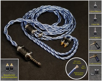 Cable for Sennheiser IE300/600/900 Silver Plated Copper 7N OCC Litz 20AWG - Custom Length - Custom Terminal Jack Balanced 4.4mm/2.5mm/3.5mm