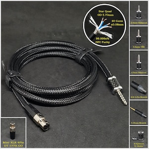 Pode incluir: Cabo trançado preto com um conector mini XLR de 4 pinos em uma extremidade e um conector TRS de 3,5 mm na outra extremidade. O cabo está etiquetado como "Mini XLR 4Pin DT 177X GO".