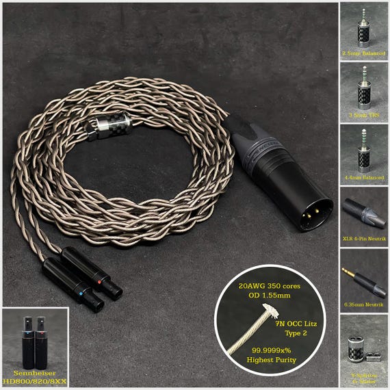Sennheiser HD8XX/800/820用ケーブル シルバーメッキ 7NOCC グレー