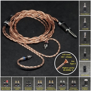 Puede incluir: Primer plano de un cable de audio de color cobre con un conector de fibra de carbono. El cable tiene un diámetro de 1,25 mm y 133 núcleos. El cable está etiquetado como "Litz Tipo 2" y "Pureza máxima 99,9999x%". La imagen también muestra varios tipos de conectores para diferentes auriculares.