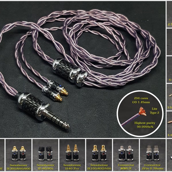 Custom cable for InEar Monitor 7NOCC 21AWG Copper - Connector 2Pin 0.78/MMCX/Sens IE80/IE40/IE100/IE300/IE600/ATH-E40/E50/IM50/IM70 and more