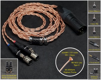 Cable for Audeze LCD2/3/4/X/XC 22AWG 7NOCC Litz Copper - Custom Length - Custom connectors 4-Pin XLR Balanced/2.5mm/4.4mm/3.5mm/6.3mm