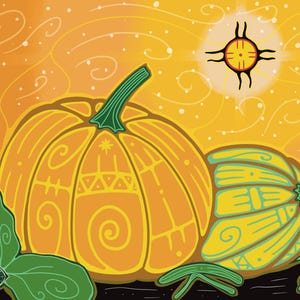 Peut inclure: Illustration de deux citrouilles avec des tiges vertes et des motifs décoratifs. La plus grande citrouille est orange avec des accents jaunes, et la plus petite est jaune avec des accents turquoise. Le fond est orange avec un symbole solaire.