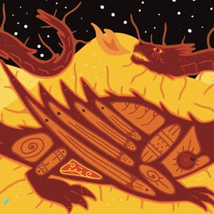 May include: A stylised illustration of a dragon in red and orange hues, with intricate body and wing details. The dragon is set against a yellow landscape with a starry black sky, evoking a fantasy theme.