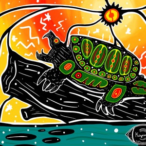 May include: A black and green turtle with a red eye, on a log, with a yellow and orange background. The turtle has a stylized design with geometric shapes.