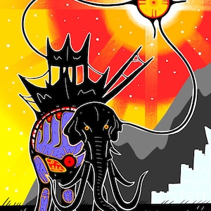 May include: An abstract digital illustration of a black elephant with a detailed purple and red design on its side. The background features a sunset with a stylized sun and a cityscape silhouette.