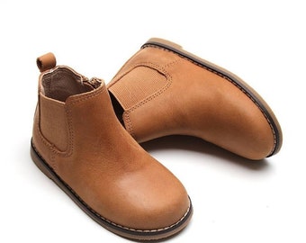 Genuine leather boots, Tan waxed Leather shoes, Zip entry, hard sole. Baptism, Christening, Birthday, Gift ideas. Unisex Girls boys everyday