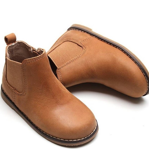Genuine leather boots, Tan waxed Leather shoes, Zip entry, hard sole. Baptism, Christening, Birthday, Gift ideas. Unisex Girls boys everyday