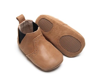 Genuine leather boots, Tan waxed Leather shoes, soft sole with rubber patches. Baptism, Christening, Birthday, Gift ideas. Unisex Girls boys