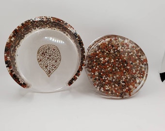 Handmade Resin Coaster Set with Holder – Bead Filled Coasters & Golden Leaf – Unique Drinkware Gift