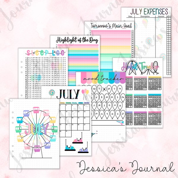 July 2024 Amusement Park Theme | Monthly Spreads Self Care Journal | Improve Mental Health, Physical Health, Organization | Jessicas Journal