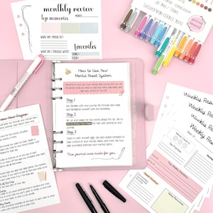 Pode incluir: Um planejador rosa com várias inserções, incluindo uma revisão mensal, um check-in semanal e páginas de diário diárias. Marcadores de ponta dupla coloridos e canetas pretas também são visíveis, perfeitos para organizar e planejar.