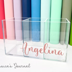 Three Compartment Personalized Acrylic Pen Holder | Acrylic Makeup Brush Holder | Pencil Holder | Jessica's Journal