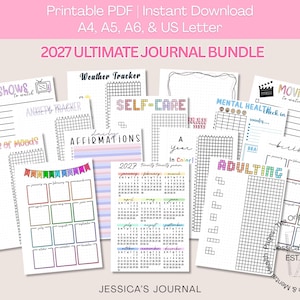 Op de afbeelding: Een 2027 Ultimate Journal Bundle printbare PDF-set met diverse trackingpagina's voor tv-programma's, weer, zelfzorg, mentale gezondheid, affirmaties, stemmingen en een kalender met zwarte tekst en kleurrijke accenten.