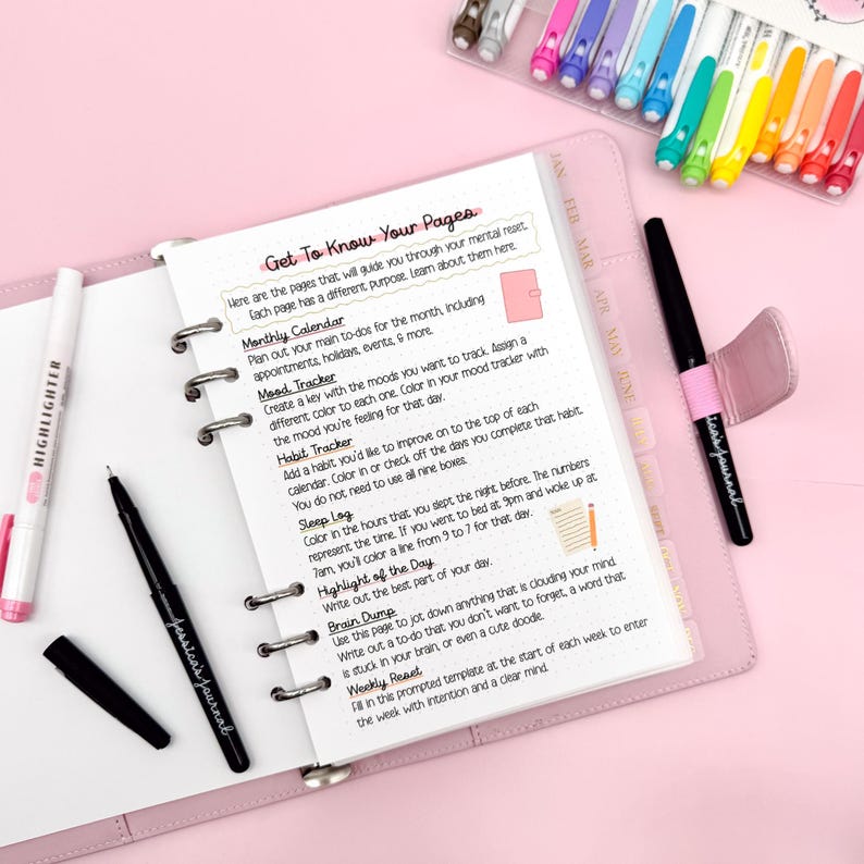 May include: A pink planner with a handwritten guide titled "Get To Know Your Pages." The open pages display instructions for monthly calendars, mood trackers, and habit trackers. A black pen and a highlighter are visible.