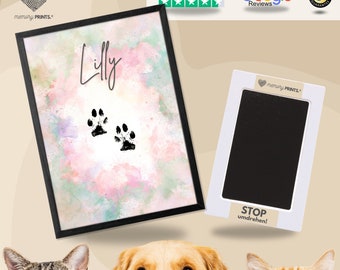 Ensemble d'empreintes de pattes et affiche "AQUARELLE" | Propriétaire de chien cadeau | Amoureux des chats | Chien commémoratif pour animaux de compagnie | individuel | personnalisé