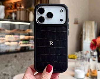 Custom Black Crocodile Leather iPhone 18 Pro Max Case, Personalized Monogram Initials Calfskin Cover iPhone 17 Pro & 17 Air, Christmas Gift