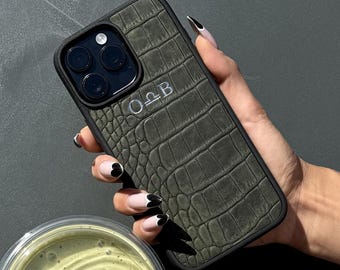 Personalized Green Crocodile Leather iPhone Case, Custom Monogram Calfskin iPhone Case, Initials Croc Leather iPhone 18 17 16 Pro Max Case