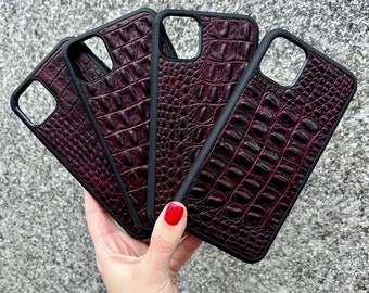 Deep Purple Crocodile Leather iPhone 18 Pro Case, Plum Genuine Calfskin iPhone Cover, Chic Croc Pattern iPhone 17 16 15 Pro Max Leather Case