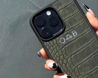 Funda personalizada de piel de cocodrilo verde para iPhone, funda personalizada de piel de becerro con monograma, funda de piel de cocodrilo con iniciales para iPhone 15, 14, 13 Pro Max